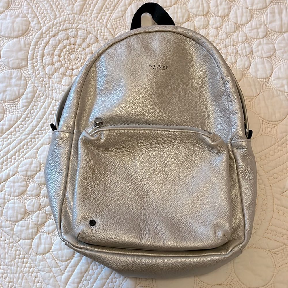 State Bags Kane mini silver metallic leather backpack
